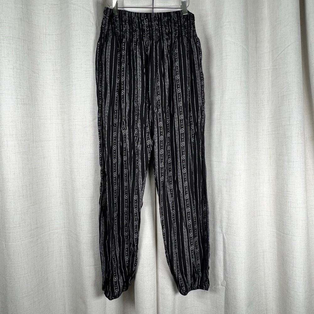 Lotus & Luna Akha Tribal Harem Pants Sz Large Black White Boho Flowy Elastic